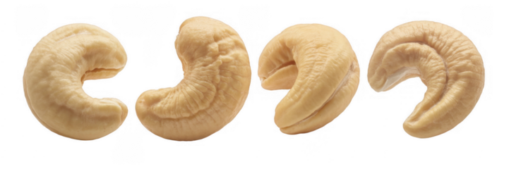 Four cashew nuts food snack isolated on a transparent background