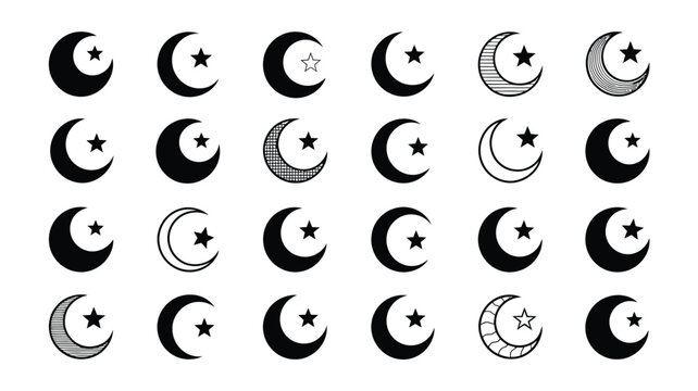 A comprehensive collection of Islamic crescent moon and star symbols in black and white
