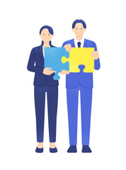 パズルのピースがぴったり一致。最強のパートナーシップ。解決と成功を手にした男女のビジネスイラスト。