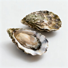 Two fresh oysters with one open, displaying the succulent meat inside. The other shell remains closed, showcasing its textured exterior. Ideal for culinary preparation and seafood delicacies.