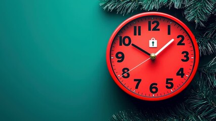 Red clock pine branch green background time holiday festive winter countdown Christmas decoration cheerful mood concept security anticipation vibrant