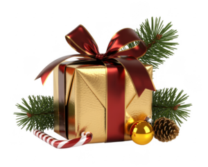 Gold gift box with red ribbon and Christmas decorations on black isolated on a transparent background