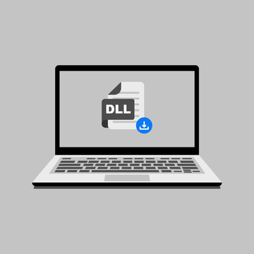 Computer laptop displaying a DLL file with a download icon on a gray background