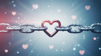 Metallic chain links connected by a red heart with floating hearts love connection