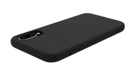 Sleek black silicone phone case mockup showcasing dual camera cutout and side buttons on black on transparent background