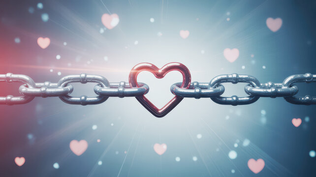 Metallic chain links connected by a red heart with floating hearts love connection - Powered by Adobe