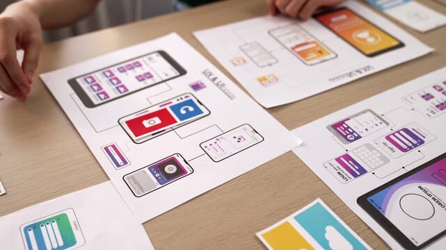 Panorama video of startup company employee planning on user interface prototype for mobile application or website in office. UX UI designer brainstorm designing user friendly interface plan. Synergic