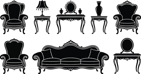 Collection of antique furniture silhouettes including ornate chairs and tables providing classic interior design elements for branding.