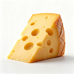 A wedge of Emmental cheese with characteristic large holes, golden-yellow color, and rind. Suitable for cheeseboards, cooking, or snacking.