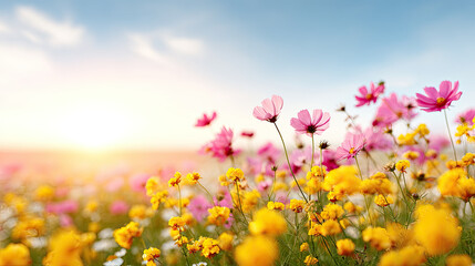 Bright pink cosmos and yellow marigold field at sunrise