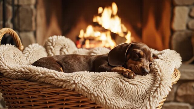 Cozy dachshund puppy sleeping dog by warm fireplace wicker basket with soft fleece wool blanket, rustic stone hearth glow, indoor winter home comfort peaceful nap, cute pet resting calm cozy living