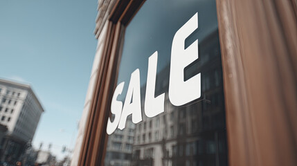 Obraz premium Sale window sign on urban storefront reflecting city