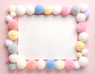 A rectangular, white frame surrounded by a border of fluffy, multi-colored pom-poms on pink