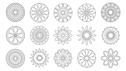 A set of intricate geometric circular line art patterns showcasing symmetrical and radial designs