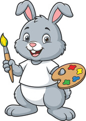Cartoon, rabbit, painter, smiling, gray, bunny, paintbrush, palette, colorful, creative, character, art, drawing, painting, t-shirt, cheerful, animal, kids, fun, expression - flat vector illustration