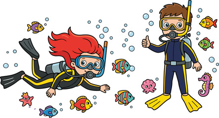 Cartoon, divers, underwater, marine, life, ocean, exploration, scuba, gear, fish, sea, creatures, bubbles, colorful © MdAbdulAlim