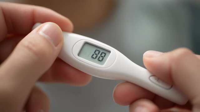 Close up of hands holding a white digital thermometer displaying 88 indicating fever or illness measurement for health and wellness concepts