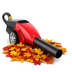 A red and black wheeled leaf blower resting on a pile of colorful autumn leaves