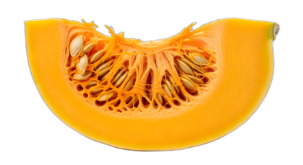 Vibrant orange pumpkin slice revealing moist flesh and numerous seeds on transparent background