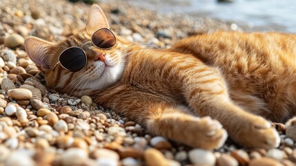 Orange tabby cat wearing sunglasses, relaxing on beach pebbles