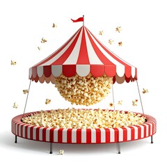 A red and white striped circus tent-like popcorn machine with popcorn filling it