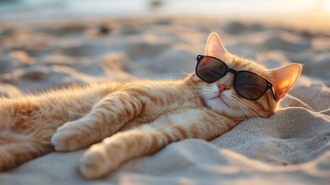 Orange tabby cat wearing sunglasses, relaxing on sandy beach - Powered by Adobe