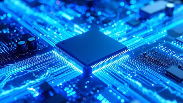 Futuristic Microchip Circuit Board with Glowing Blue Lines