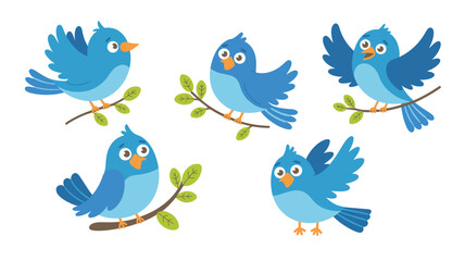 Obraz premium Adorable cartoon blue birds with joyful expressions perched on branches and in flight