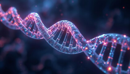 A 3d molecular structure of a blue dna helix spiral resembles a science technology roller coaster or bridge, representing medical research on a gene chromosome within a cell on a black background