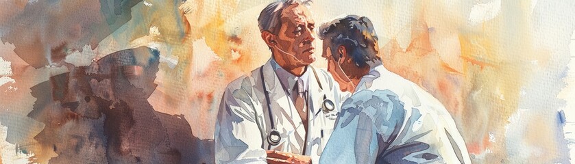 A watercolor painting of a compassionate doctor examining a patient, emphasizing the importance of bedside manner and patient care