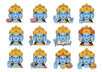 Multiple Illustrations of Brahma, the Hindu God of Creation, in Various Poses