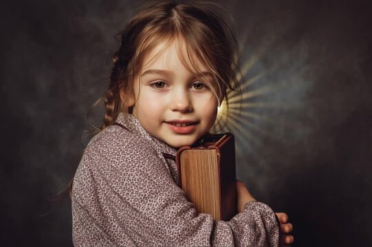 Little girl with closed eyes hugging a Bible. Child praying. Christian education of kids. Faith and religion concept