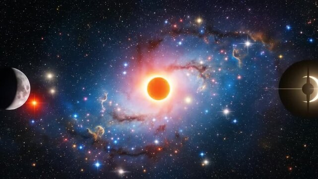 Three eclipses in a starry nebula, a cosmic phenomenon. 4k video