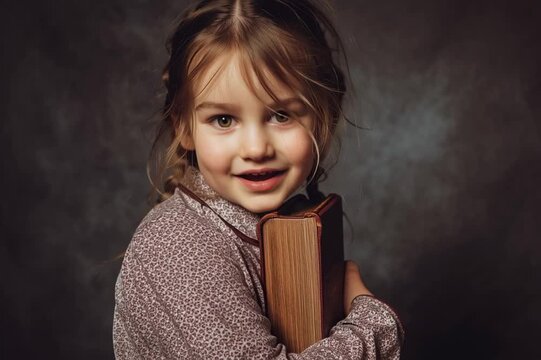 Little girl with closed eyes hugging a Bible. Child praying. Christian education of kids. Faith and religion concept