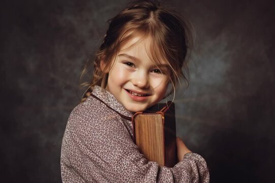 Little girl with closed eyes hugging a Bible. Child praying. Christian education of kids. Faith and religion concept
