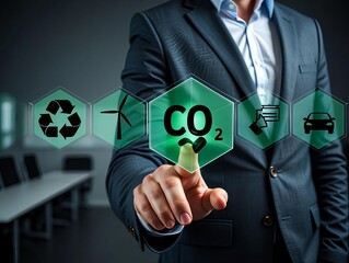 A businessman in a professional suit uses his finger to touch a virtual button on a digital screen, representing a successful technology network and internet communication concept