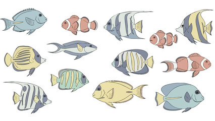 Obraz premium A delightful and colorful array of various tropical fish species swimming together against a clean white background an appealing visual resource for