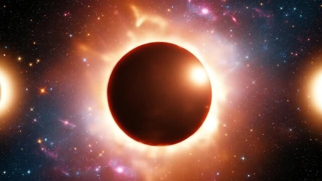 Three eclipses in a starry nebula, a cosmic phenomenon. 4k video