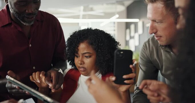 Laptop, employees and overwhelmed manager in office, multitasking pressure and project crisis. Timeline delay, phone call and frustrated woman with stress for branding deadline, tech or people