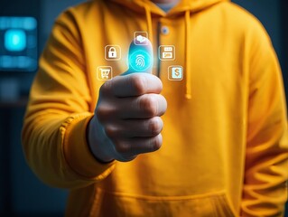 A businessman's finger presses a virtual button on a digital touchscreen interface to symbolize a smart network solution for future communication and internet technology success
