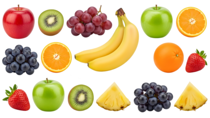 Variety of Fresh Whole and Sliced Fruits in a Grid Pattern Isolated on Transparent Background