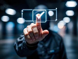 A finger presses a digital button on a futuristic touchscreen interface, representing a business concept of virtual communication and software choice within a modern network