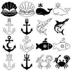 Creative Sea Animal and Nautical Logo Vector Set: Marine Hybrids featuring Books, Food, Art, and Writing Symbols