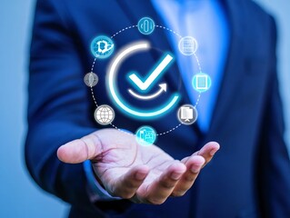 A businessman holding a clock touches a digital screen to connect with a global tech network,