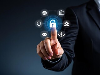 A businessman's finger touches a virtual social network icon on a digital touchscreen interface, symbolizing a modern internet communication technology solution for future business success