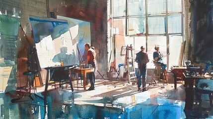 A watercolor painting of a group of artists brainstorming creative ideas in a spacious studio, emphasizing the importance of artistic expression and independent thought