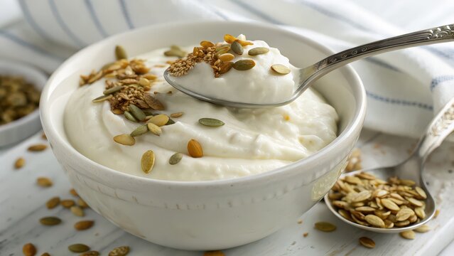 Homemade yogurt topped with flaxseeds and pumpkin seeds in a white bowl, healthy probiotic breakfast or snack, clean eating dairy concept, perfect for nutrition blogs, food styling, and product use