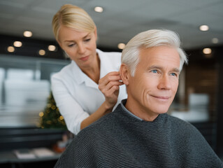 Obraz premium Senior man hearing aid fitting audiology clinic professional care modern interior smiling patient consultation