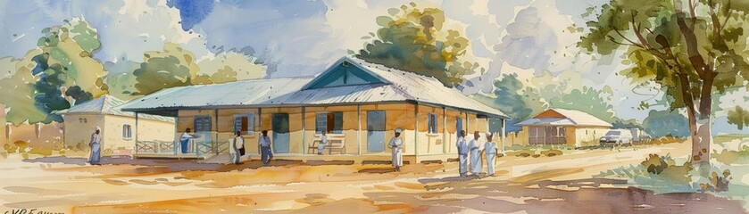 A watercolor painting of a rural clinic providing essential medical services to a community, emphasizing the importance of accessible healthcare