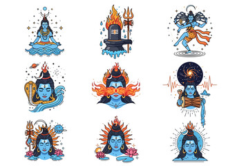 Set of Lord Shiva illustrations depicting Indian deity with divine energy